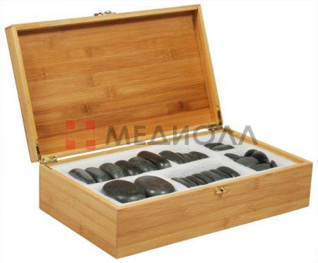 Набор массажных камней из базальта в коробке из бамбука Med-Mos (36 шт.) НК-1Б